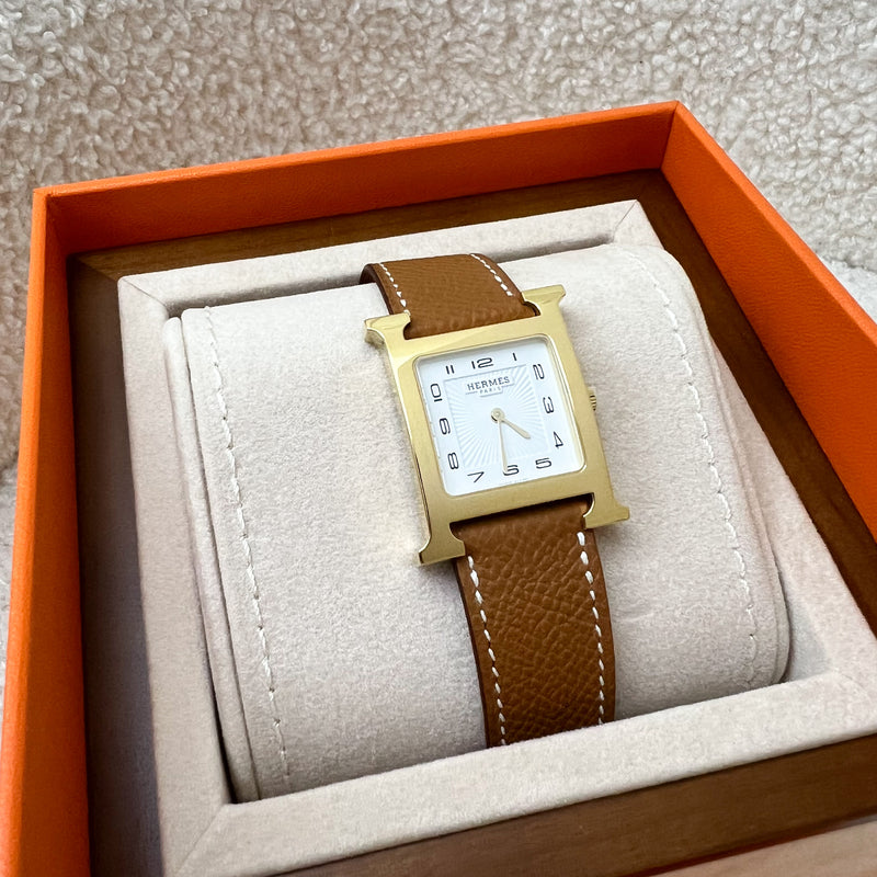 Hermes Heure H MM Watch with Gold Plated Steel Case and Gold Epsom Leather Strap