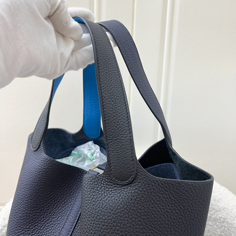 Hermes Picotin 22 in Bicolor Black / Bleu Nuit Clemence Leather, Bleu Frida Inner Handles and GHW