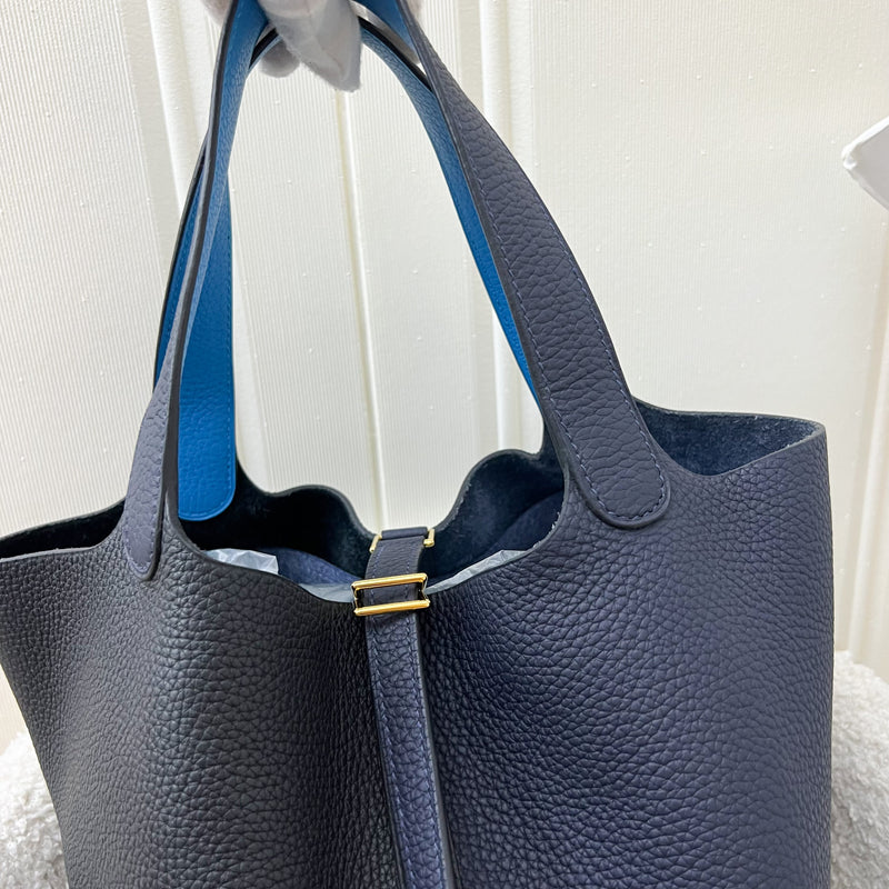 Hermes Picotin 22 in Bicolor Black / Bleu Nuit Clemence Leather, Bleu Frida Inner Handles and GHW