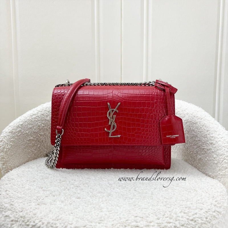 Saint Laurent YSL Medium Sunset Bag in Red Crocodile-Embossed Calfskin Leather Shoulder Bag