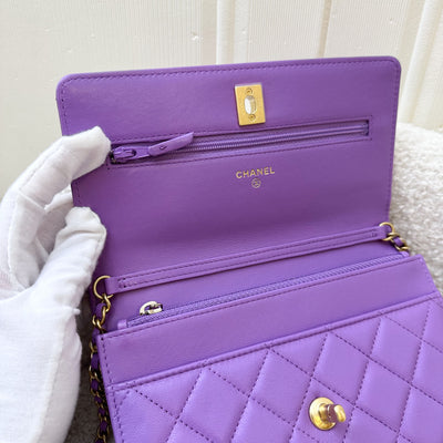 Chanel 22S Pearl Crush Wallet on Chain WOC in Purple Lambskin and AGHW