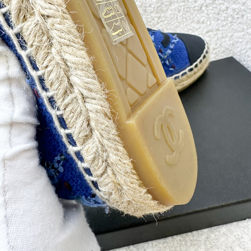 Chanel Espadrilles in Blue Tweed and Black Gosgrain Sz 37