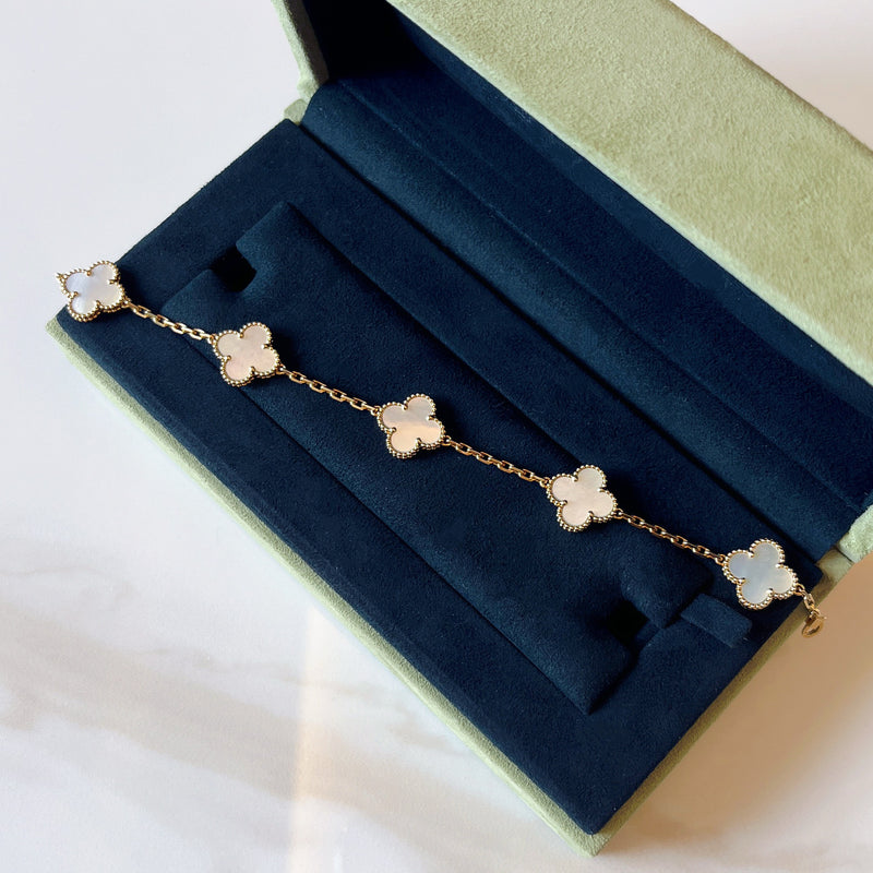 [Local Set - Oct 2023] Van Cleef & Arpels VCA Vintage Alhambra 5 Motifs Bracelet with Mother of Pearl MOP in 18K Yellow Gold (Ref: VCARA41800)