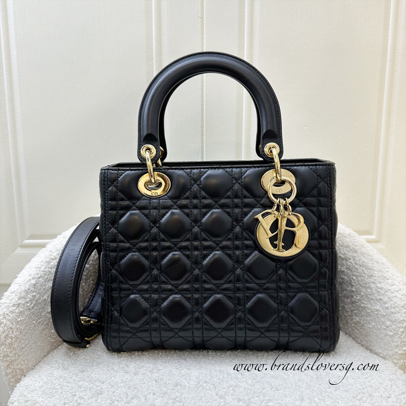 Dior Medium Lady Dior in Black Lambskin and GHW (New Version with Adjustable Strap)<br>