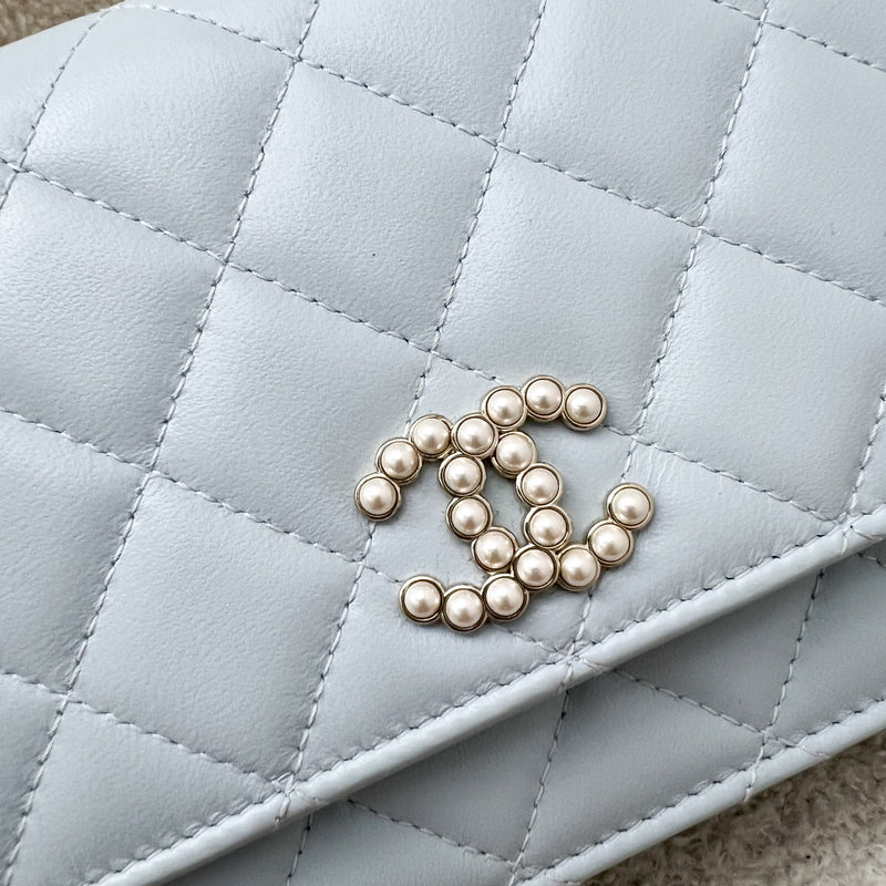 Chanel 24P Wallet on Chain with Pearl CC Logo in Baby Blue Glossy Lambskin and LGHW