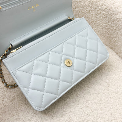 Chanel 24P Wallet on Chain with Pearl CC Logo in Baby Blue Glossy Lambskin and LGHW