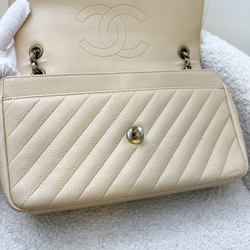 Chanel Seasonal Medium Flap in Diagonal Quilted Beige Grained Calfskin and AGHW