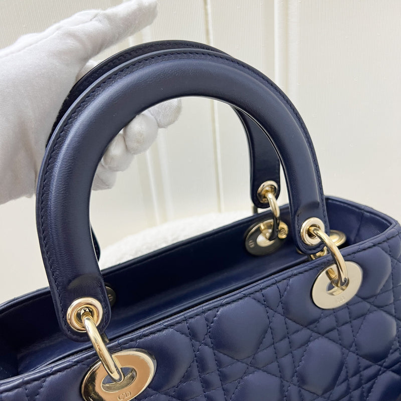 Dior Medium Lady Dior in Navy Lambskin and LGHW (Newer Version with Adjustable Strap)