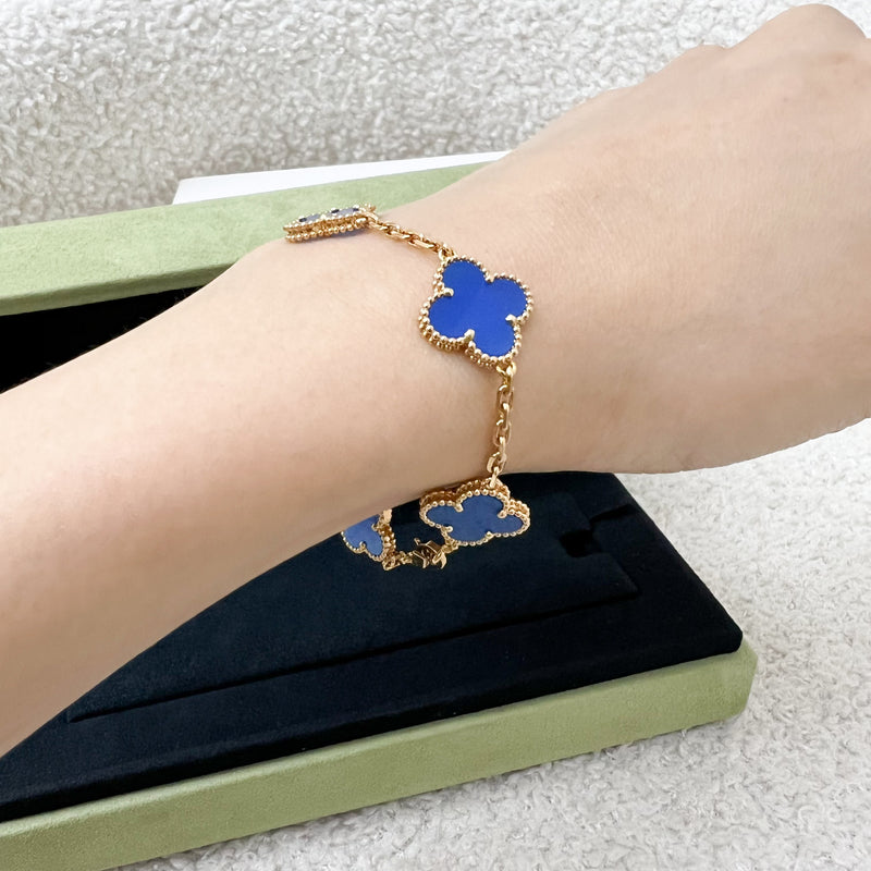 Van Cleef & Arpels VCA Vintage Alhambra 5 Motifs Bracelet with Blue Agate in 18K Yellow Gold