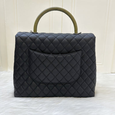 Chanel Large 32cm Coco Handle Flap with Green Lizard-Embossed Calfskin Handle in Black Caviar and RHW