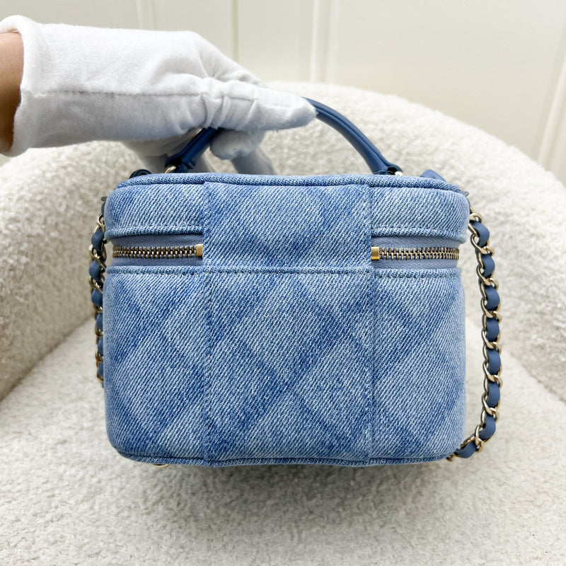 Chanel 22B Cheer for Chanel Vanity Case with Top Handle in Light Blue Denim Fabric and AGHW