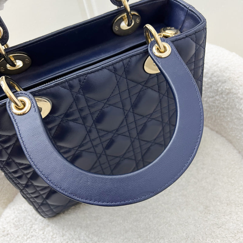 Dior Medium Lady Dior in Navy Lambskin and LGHW (Newer Version with Adjustable Strap)