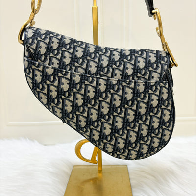 Dior Medium Saddle Bag in Navy Oblique Canvas and AGHW (With Strap)