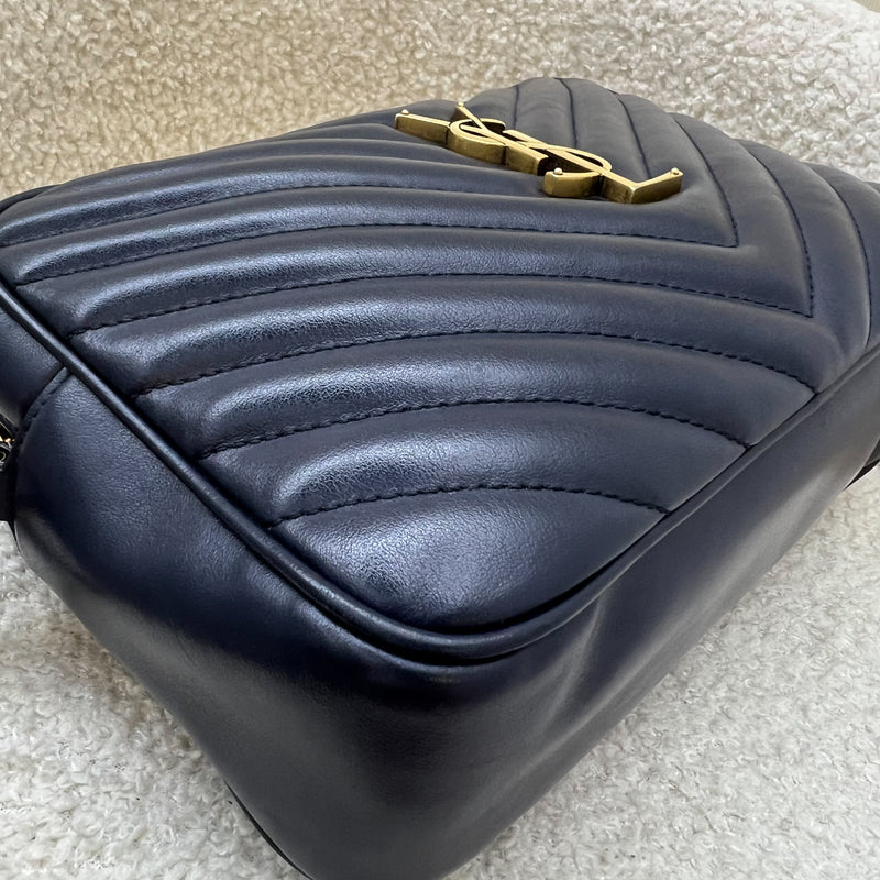 Saint Laurent YSL Lou Camera Bag in Chevron Quilted Navy Calfskin and GHW