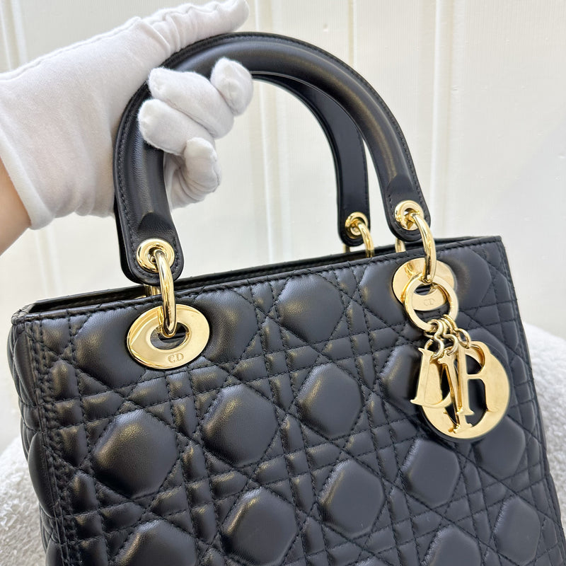 Dior Medium Lady Dior in Black Lambskin and GHW (New Version with Adjustable Strap)<br>