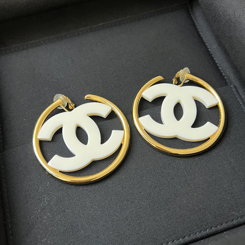 Chanel 24S Large CC Logo Hoop Clip-on Earrings with White Enamel in GHW