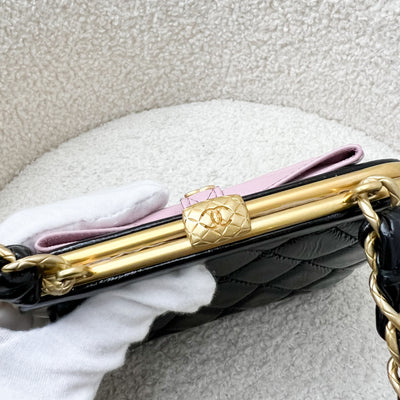 Chanel 24A Ribbon Clutch with Chain in Black Patent Crumpled Lambskin, Pink Shiny Lambskin and AGHW