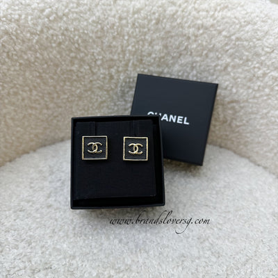 Chanel 23S CC Logo Square Earrings with Black Leather and GHW