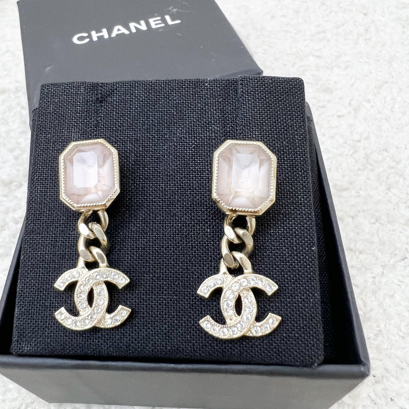 Chanel 22B Lilac Resin with Dangling Crystals Logo Earrings in AGHW