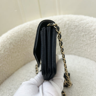 Chanel 23K Micro Clutch / Card Holder on Chain in Black Satin and LGHW