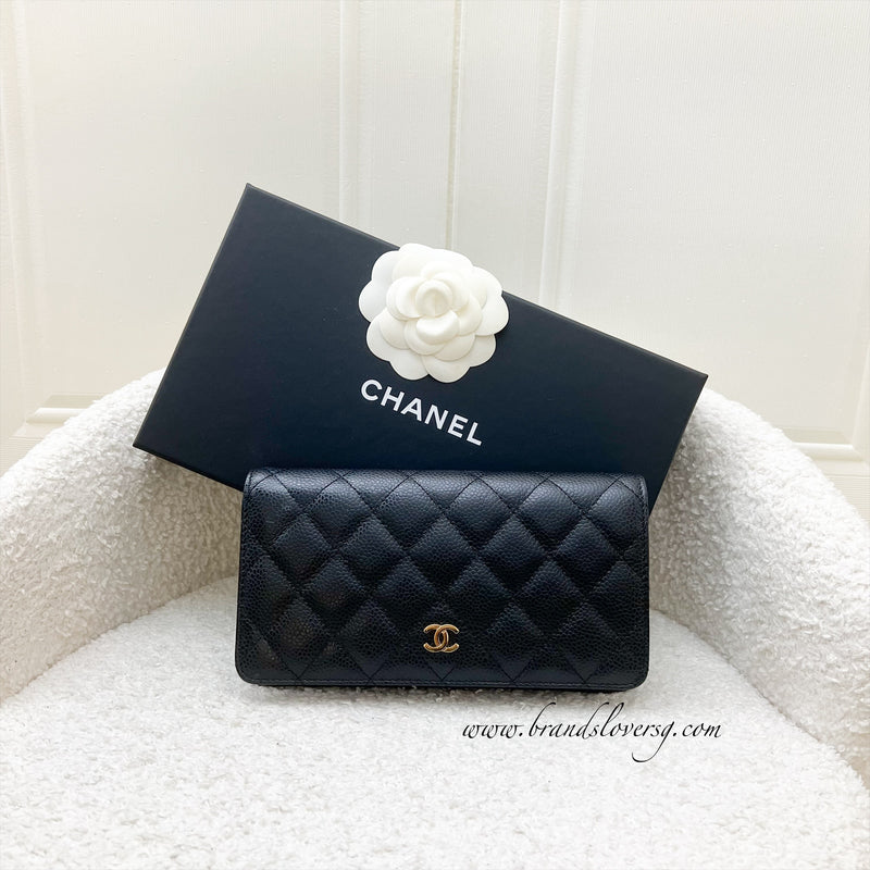 Chanel Classic Bifold Yen Long Wallet in Black Caviar and GHW