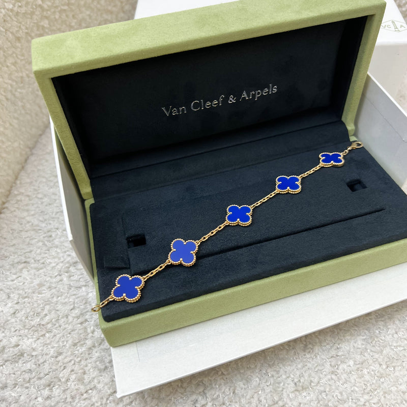 Van Cleef & Arpels VCA Vintage Alhambra 5 Motifs Bracelet with Blue Agate in 18K Yellow Gold (Ref: VCARP34900)