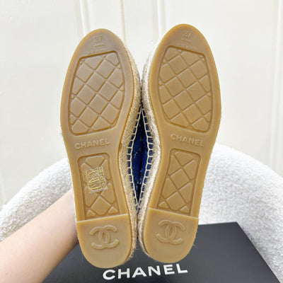 Chanel Espadrilles in Blue Tweed and Black Gosgrain Sz 37