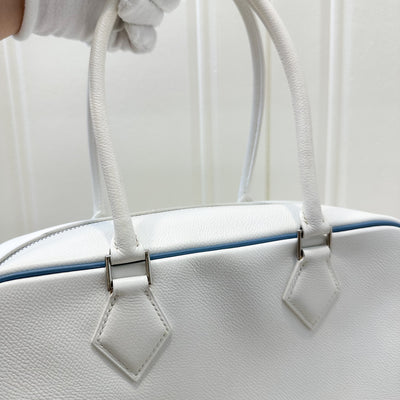 Hermes Vintage Plume 28 White Epsom Leather, Blue Trim and PHW