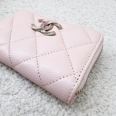 Chanel 23P Zippy Card Holder / Coin Purse in Light Pink Caviar, Crystals Logo and SHW