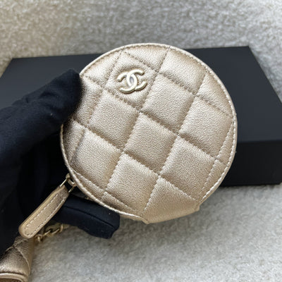 Chanel 2024 VIP Gift Round Pouch and Airpods Holder Bag Charm in Metallic Gold Lambskin and LGHW