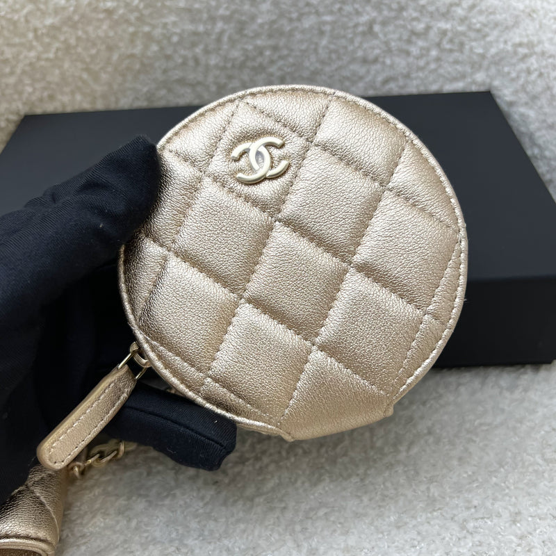 Chanel 2024 VIP Gift Round Pouch and Airpods Holder Bag Charm in Metallic Gold Lambskin and LGHW