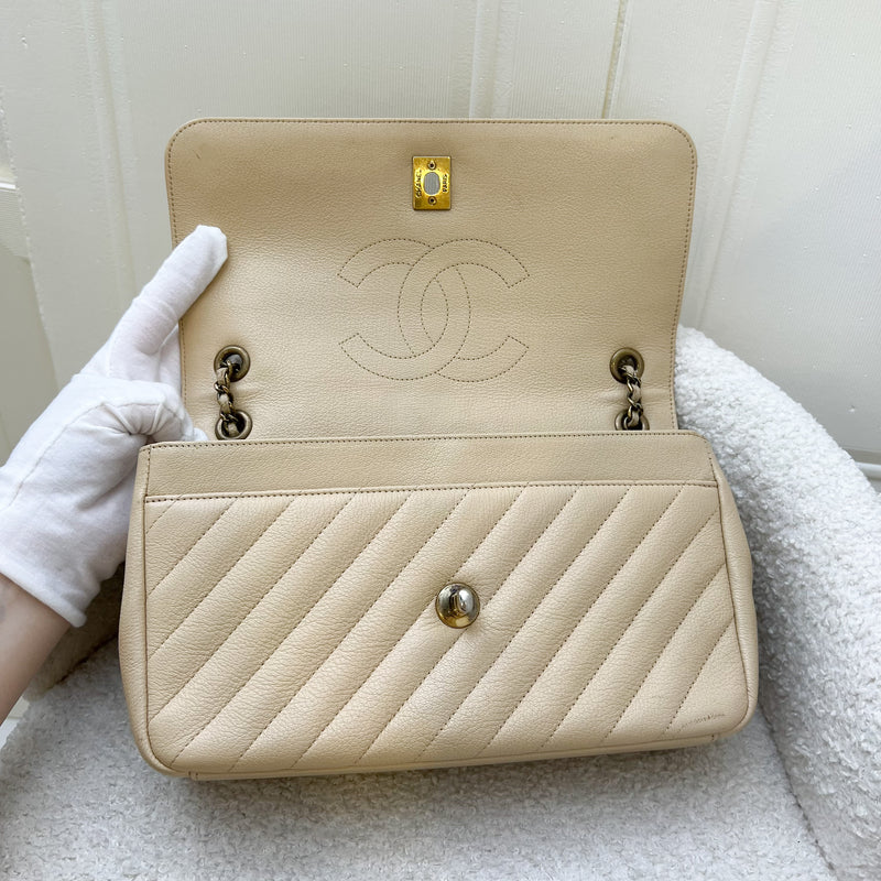 Chanel Seasonal Medium Flap in Diagonal Quilted Beige Grained Calfskin and AGHW