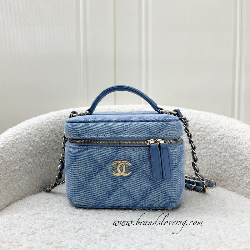 Chanel 22B Cheer for Chanel Vanity Case with Top Handle in Light Blue Denim Fabric and AGHW