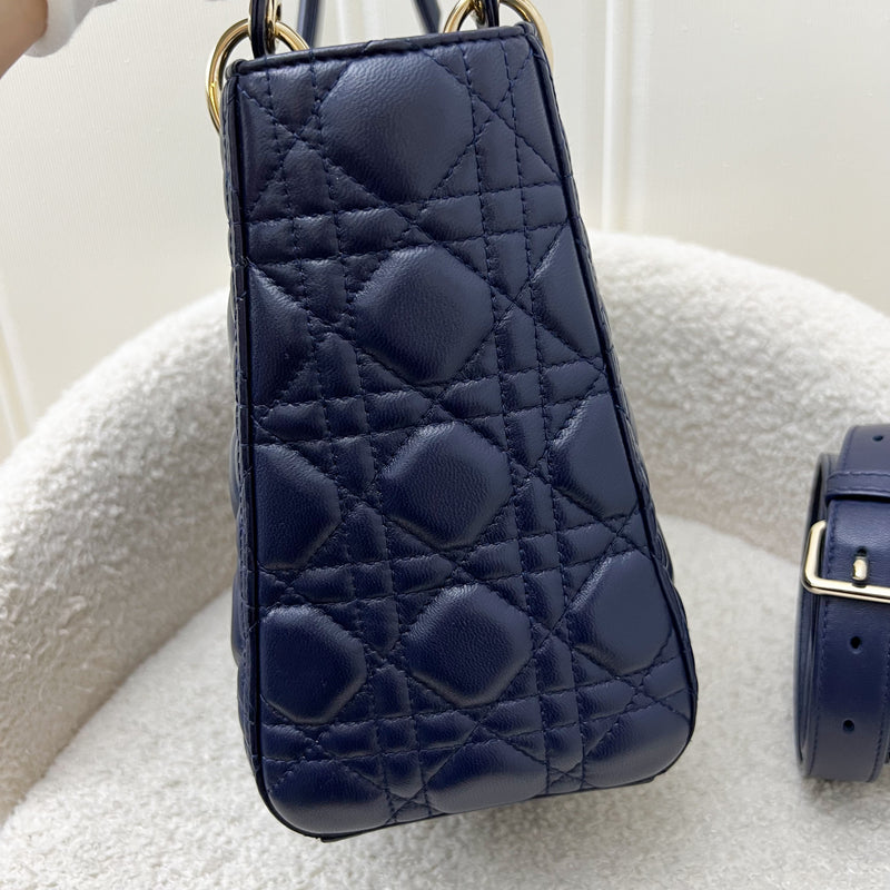 Dior Medium Lady Dior in Navy Lambskin and LGHW (Newer Version with Adjustable Strap)