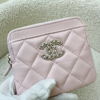 Chanel Zipped Square Compact Wallet / Card Holder in Light Pink Caviar and LGHW