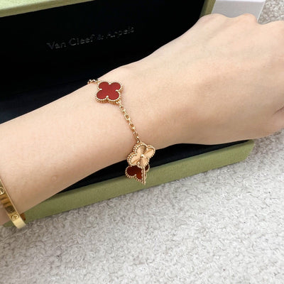 Van Cleef & Arpels VCA Vintage Alhambra 5 Motifs Guilloché Bracelet with Carnelian in 18K Rose Gold