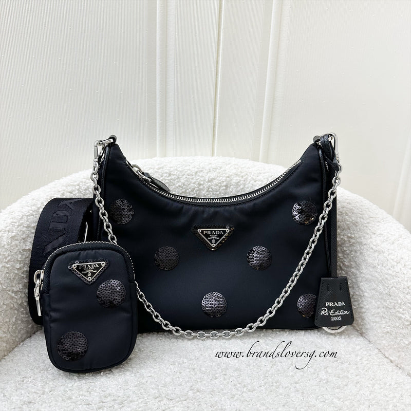 Prada Re-Edition 2005 Shoulder Bag in Black Nylon, Sequins and SHW