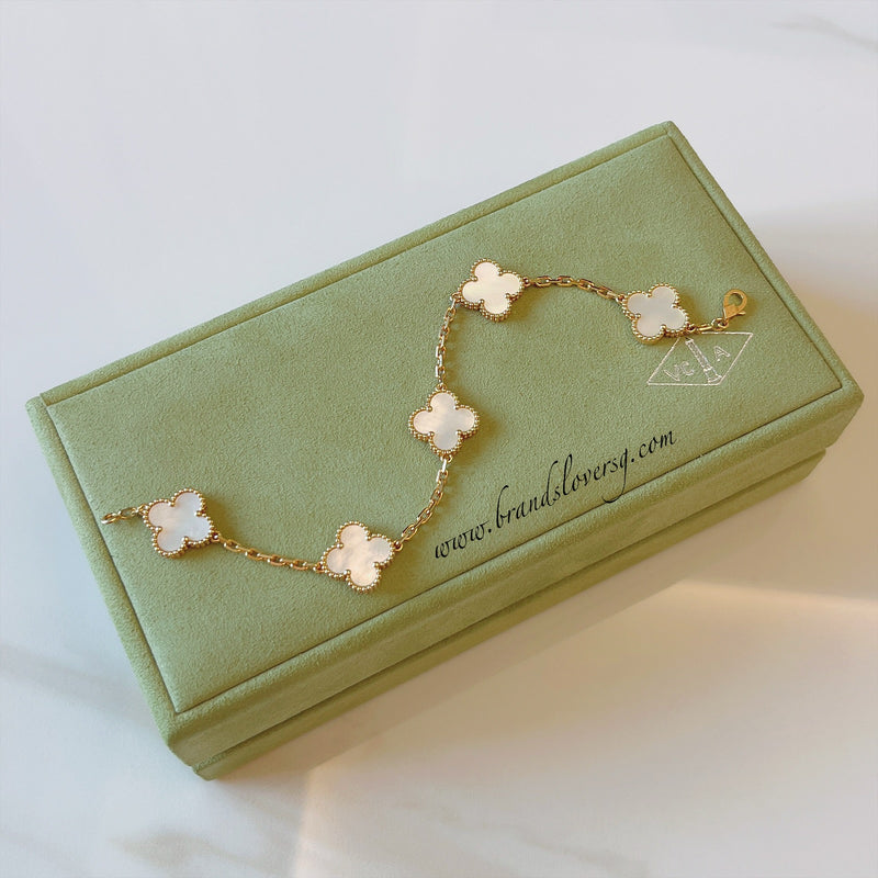[Local Set - Oct 2023] Van Cleef & Arpels VCA Vintage Alhambra 5 Motifs Bracelet with Mother of Pearl MOP in 18K Yellow Gold (Ref: VCARA41800)
