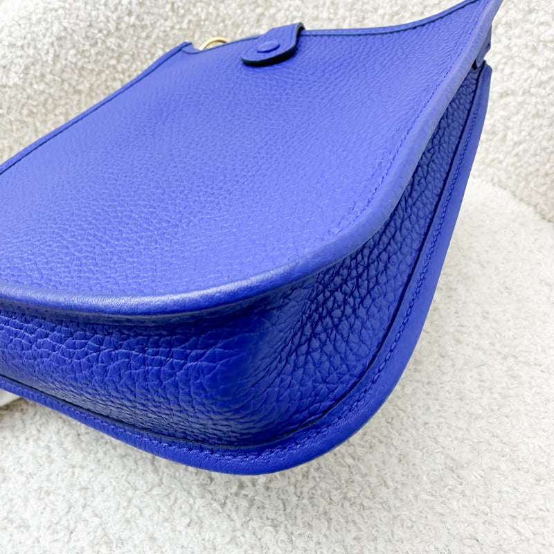 Hermes Mini Evelyne 16 in Bleu Royal Clemence Leather, Canvas Strap and GHW