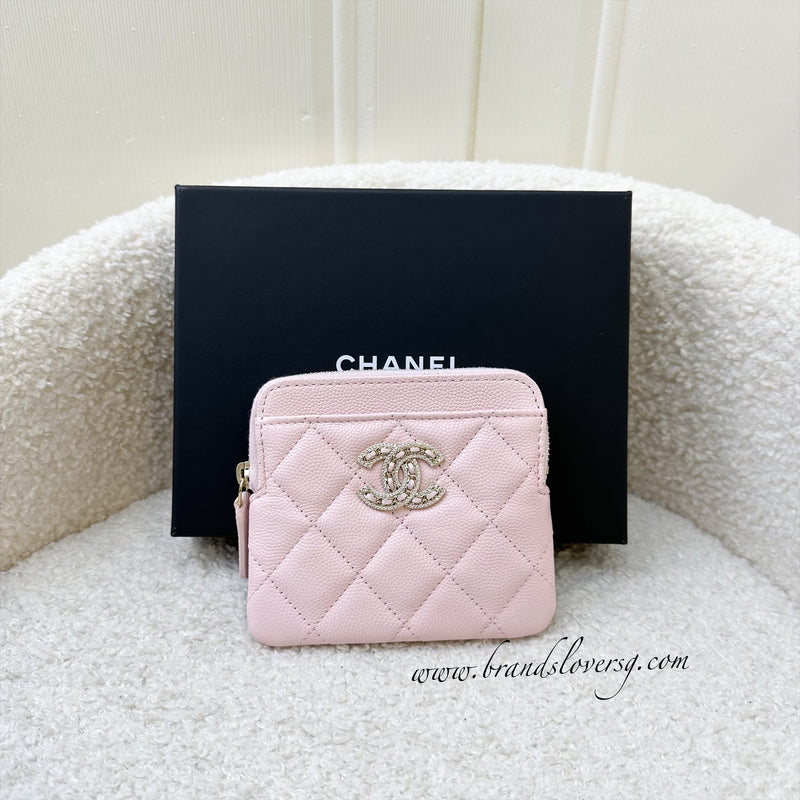 Chanel Zipped Square Compact Wallet / Card Holder in Light Pink Caviar and LGHW