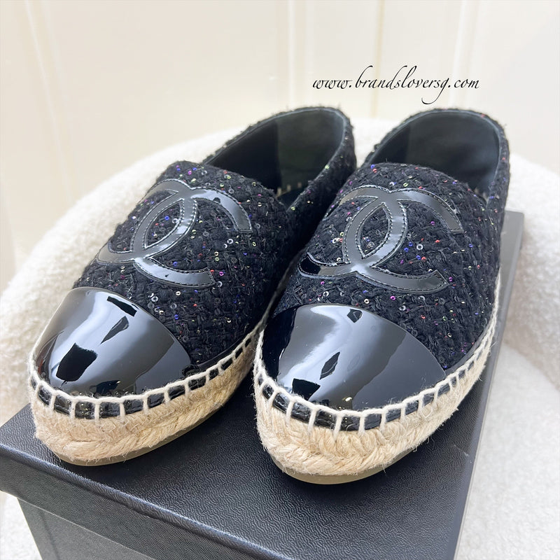 Chanel Espadrilles in Black Tweed with Sequins and Black Patent Leather Sz 35
