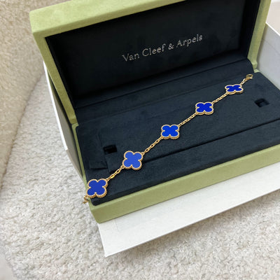 Van Cleef & Arpels VCA Vintage Alhambra 5 Motifs Bracelet with Blue Agate in 18K Yellow Gold (Ref: VCARP34900)