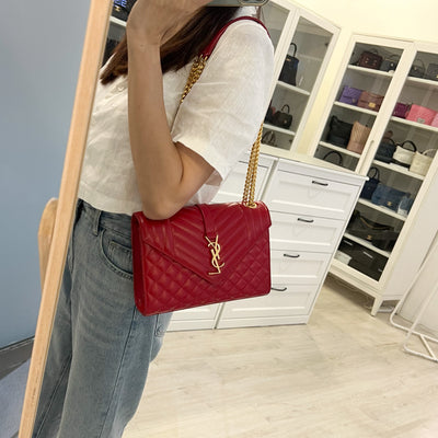 Saint Laurent YSL Medium Envelope Bag in Red Grained Leather and GHW