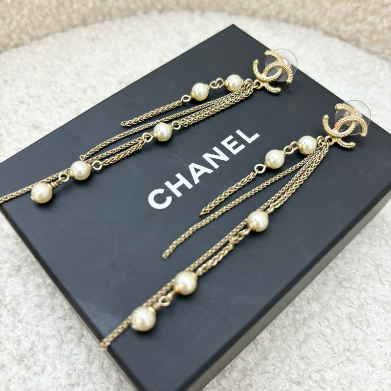 Chanel CC Logo Long Dangling Earrings with Pearls in AGHW