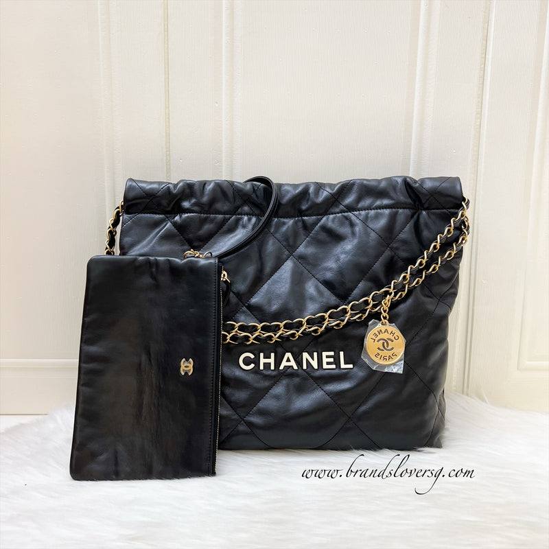 Chanel 22 Small Hobo Bag with White Logo in Black Calfskin and GHW