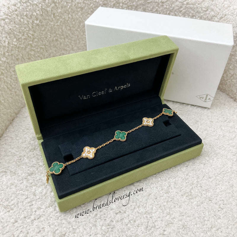 Van Cleef & Arpels VCA Vintage Alhambra 5 Motifs Guilloché Bracelet with Malachite and Diamonds in 18K Yellow Gold