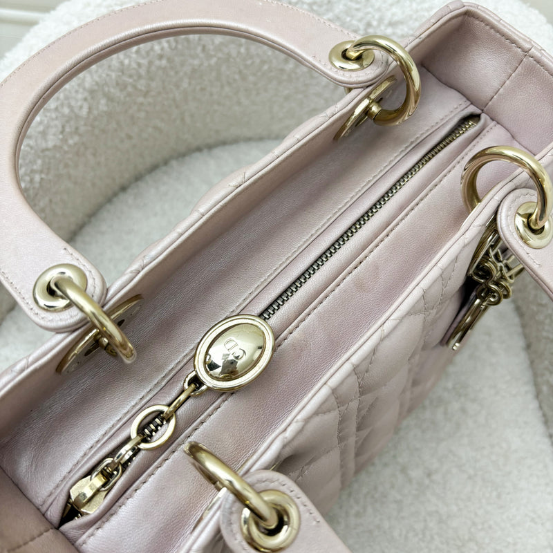 Dior Medium Lady Dior in Lotus Pearly Pink Lambskin LGHW (New version with Adjustable Strap)