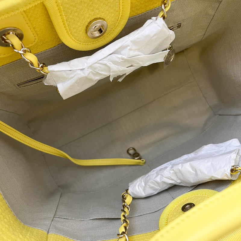 Chanel 23C Small / Medium Deauville Shopping Tote in Yellow Mixed Fibers Fabric and LGHW