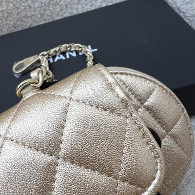 Chanel 2024 VIP Gift Round Pouch and Airpods Holder Bag Charm in Metallic Gold Lambskin and LGHW