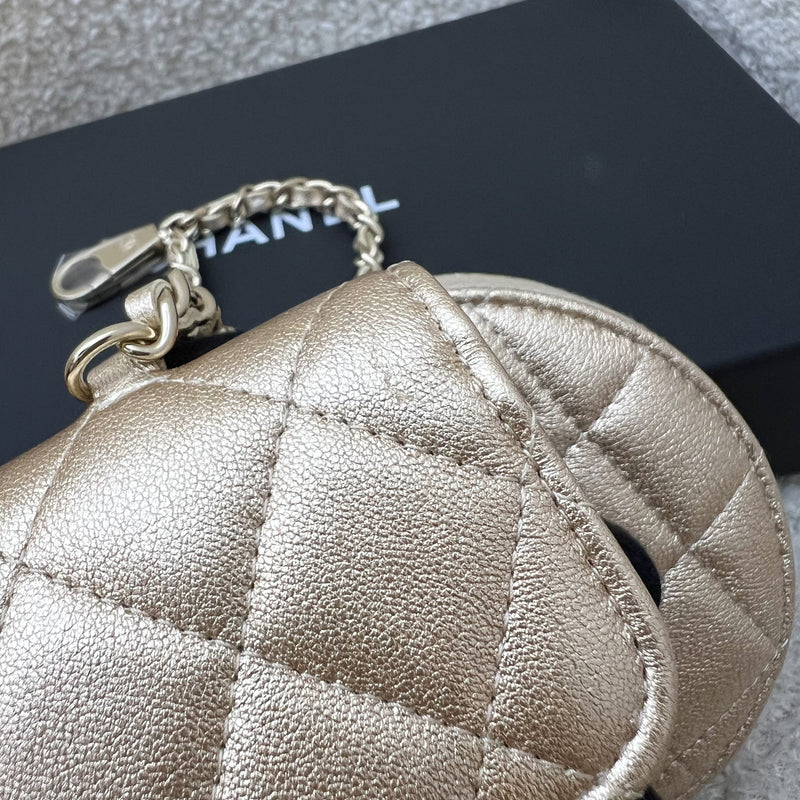 Chanel 2024 VIP Gift Round Pouch and Airpods Holder Bag Charm in Metallic Gold Lambskin and LGHW